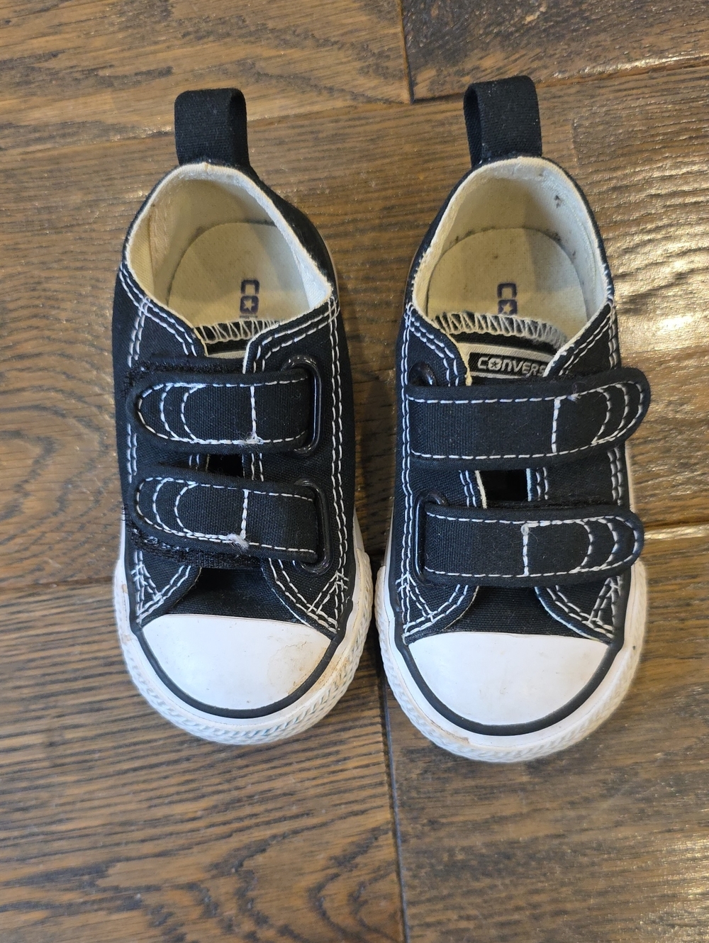 Converse Kids Black Canvas Velcro Strap Sneakers with White Accents